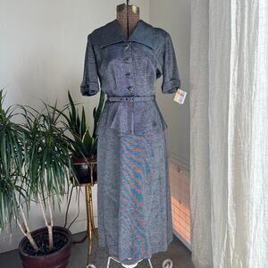 Georgiana Women’s S Dress Grey Vintage 1950s Button Midi Dress Belted Peplum